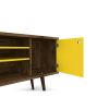 Manhattan Comfort Liberty 53.14" Mid-Century Modern TV Stand with 5 Shelves and 1 Door in Rustic Brown and Yellow with Solid Wood Legs